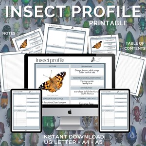 May include: Printable insect profile worksheet with a picture of a Painted Lady butterfly. The worksheet includes sections for the insect's description, scientific name, distribution, conservation status, and general life cycle. The text "Insect Profile Printable" is at the top of the page.