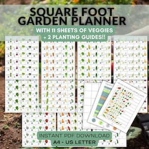 Planificador visual de jardines en pies cuadrados Cuadrícula y cuadrados imprimibles para la cantidad de vegetales Descarga instantánea en PDF Plano de jardín trasero codificado por colores