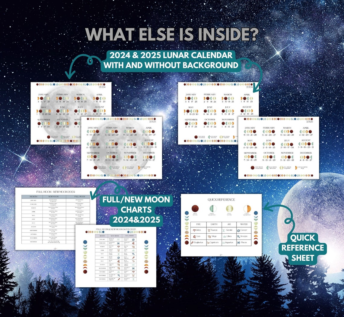 2024 2025 Moon Calendar, Printable Instant Download PDF, Colourful