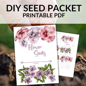Envelopes para impressão de pacote de sementes de flores em aquarela DIY, download instantâneo PDF, carta A4 US, sementes de vegetais
