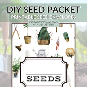 Pacote de sementes para impressão em PDF Download instantâneo em tamanho A4 e Carta - Envelopes para salvar sementes com tema de jardinagem
