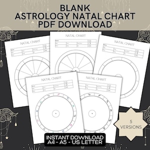Plantilla de carta natal de astrología imprimible Descarga instantánea PDF, páginas de referencia del zodíaco, carta del zodíaco en blanco, carta natal vacía