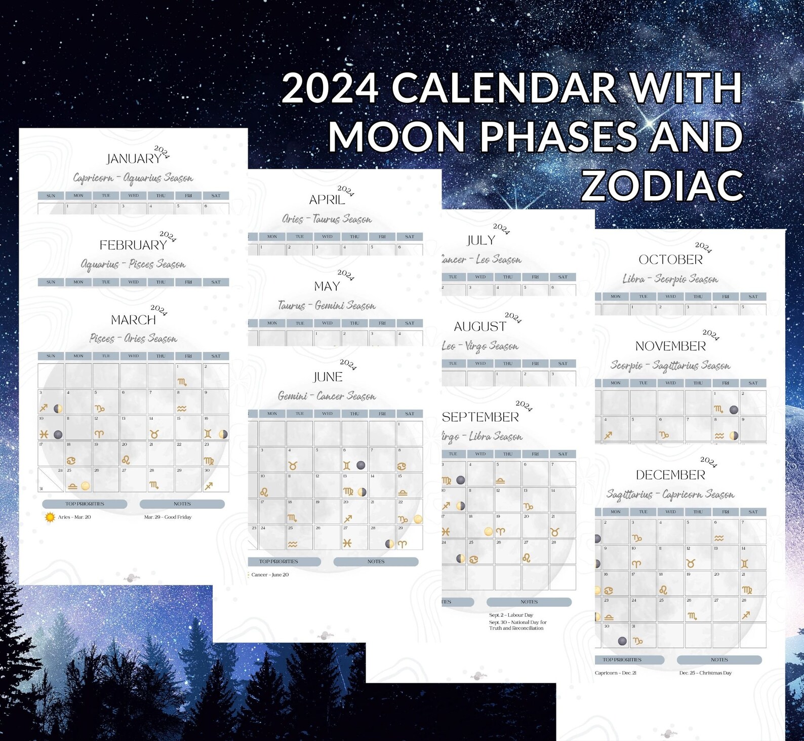 Printable 2024 Moon and Astrology Planner Full Moon New Moon Dates PDF