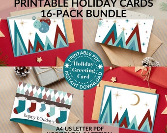 Printable Holiday Greeting Cards - Vintage Inspired Holiday Designs PDF A4 US Letter - Blank Inside