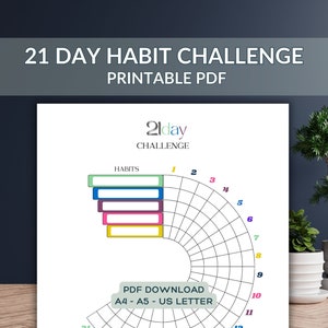 Pu&ograve; includere: Tabella di tracciamento delle abitudini stampabile di 21 giorni con una griglia circolare e cinque caselle colorate per elencare le abitudini. La tabella &egrave; etichettata "21day CHALLENGE" e "HABITS". Il testo "PDF DOWNLOAD A4 - A5 - US LETTER" si trova nella parte inferiore della tabella.