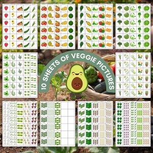 Op de afbeelding: Tien vellen met afdrukbare zwart-wit afbeeldingen van verschillende groenten. Elk vel heeft een raster van 6 rijen en 8 kolommen. De groenten omvatten broccoli, bloemkool, wortelen, ma&iuml;s, paprika's, tomaten, pompoen, watermeloen, uien, knoflook, aardappelen, radijsjes, bieten, spinazie, sla en meer. De titel "10 Sheets of Veggie Pictures" staat bovenaan de afbeelding.