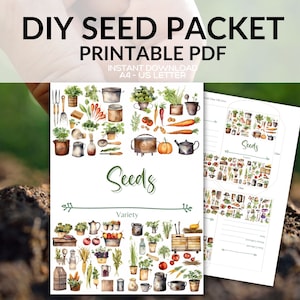 Envelopes para impressão de pacote de sementes DIY, download instantâneo PDF, carta A4 EUA, flor, erva, sementes de vegetais design em aquarela