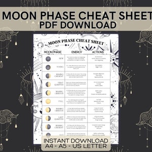 May include: A black and white printable cheat sheet with a moon phase chart. The chart lists the moon phases, energy, and actions for each phase. The text includes "Moon Phase Cheat Sheet" and "Instant Download A4 - A5 - US Letter".