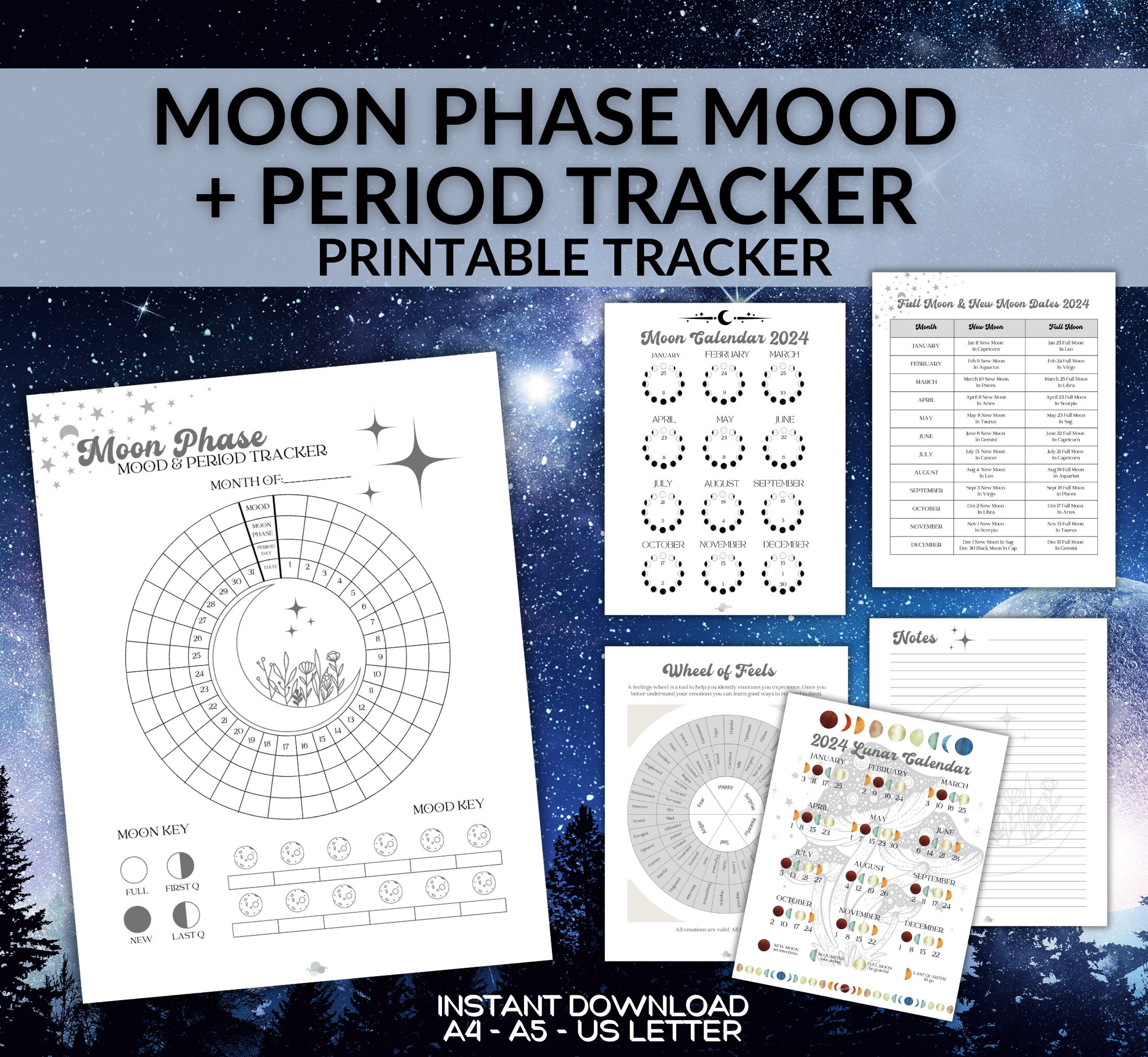 lunar cycle period tracker with bujo journal page PDF – moon haus studio