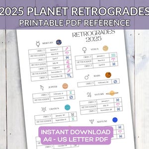 Referencia de retrógrados planetarios de 2025, hoja de referencia de astrología del zodíaco, PDF imprimible de descarga instantánea, planificador retrógrado, tamaño carta estadounidense A4