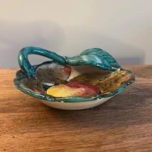 Vintage Italian Majolica Pottery Bowl Fruit Design Turquoise Amber Glaze Hand Painted Ceramic Art Dish Collectible Decor