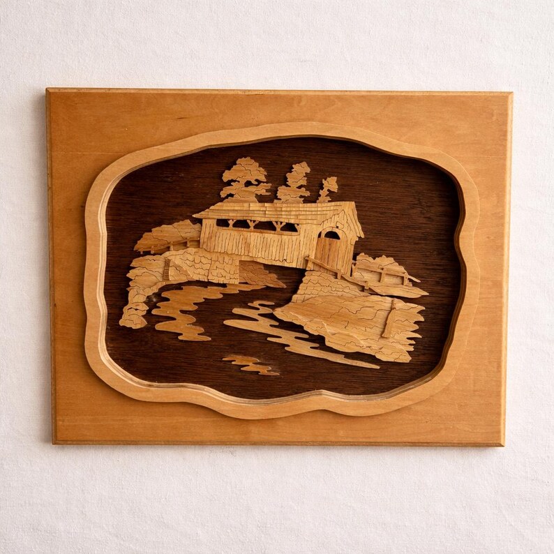 Vintage Wood Intarsia Covered Bridge Art | Canadian Folk Art| Wooden ...