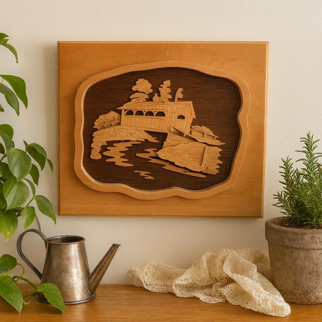 Vintage Wood Intarsia Covered Bridge Art | Canadian Folk Art| Wooden ...