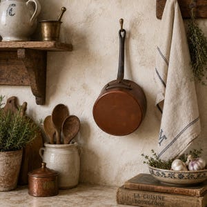 Vintage French Pan,  Copper Saucepan with Cast Iron Handle, 6.2-Inch Pan for cottage kitchen
