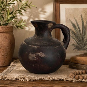 Pottery Jug, Vintage Mexican Burnished Clay Vessel, 8.5-Inch Rustic Decor