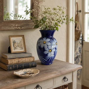 Vintage French Signed Cobalt Blue Pottery Vase Floral Art Decor
