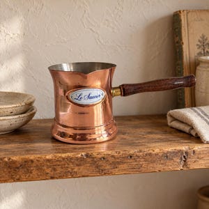 Copper Sauce Pot with Wood Handle, Vintage Copper-Tone Shelf Decor