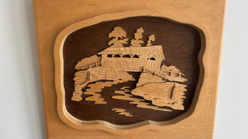Vintage Wood Intarsia Covered Bridge Art | Canadian Folk Art| Wooden ...