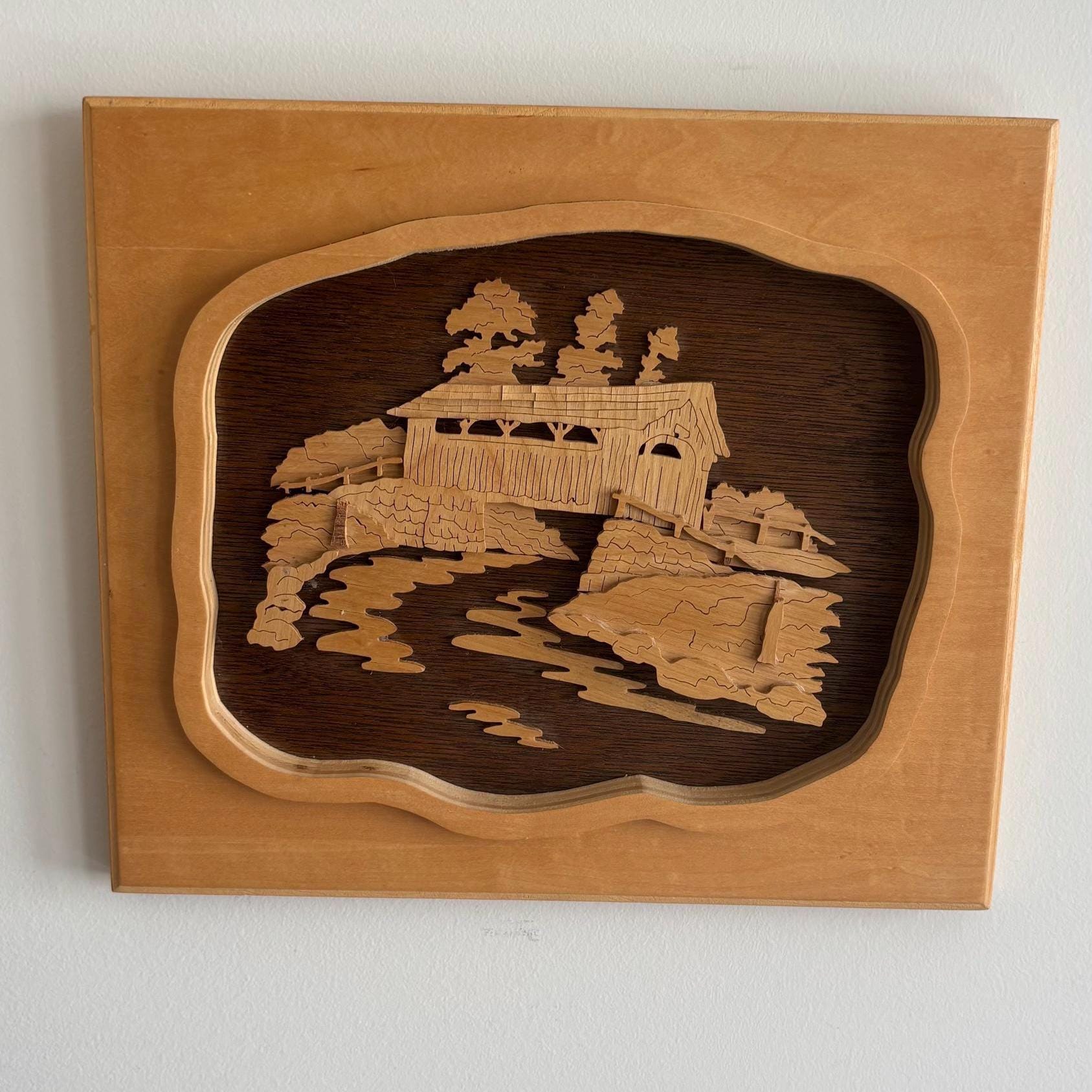 Vintage Wood Intarsia Covered Bridge Art | Canadian Folk Art| Wooden ...