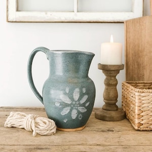 Blue Ceramic Pitcher, 1989 Signed Pottery Jug With White Flower Design