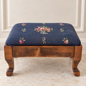 Vintage Footstool, Navy Floral Needlepoint Upholstery With Warm Wood Frame