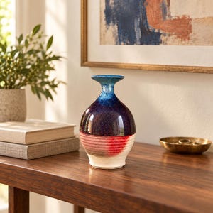 Vintage Pottery Vase, Blue Plum and Red Glaze, Signed Ceramic Decor