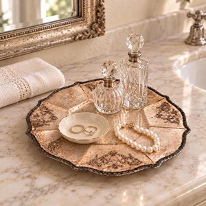 May include: A decorative round tray with a beige and brown mottled finish, featuring two glass perfume bottles with faceted stoppers, a small white ceramic dish holding two gold rings, and a white pearl bracelet.
