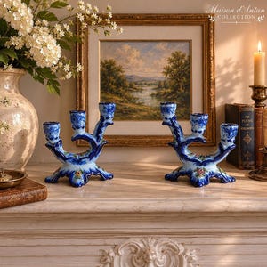 Candelabra Pair, Vintage Alcobaca Portuguese Pottery with Blue Floral Design