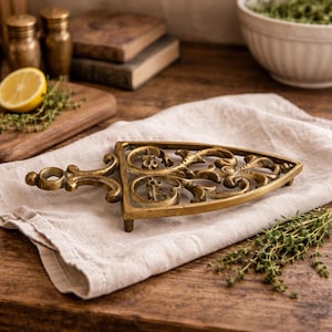 Vintage Brass Trivet • Ornate French cottage brass kitchen Decor