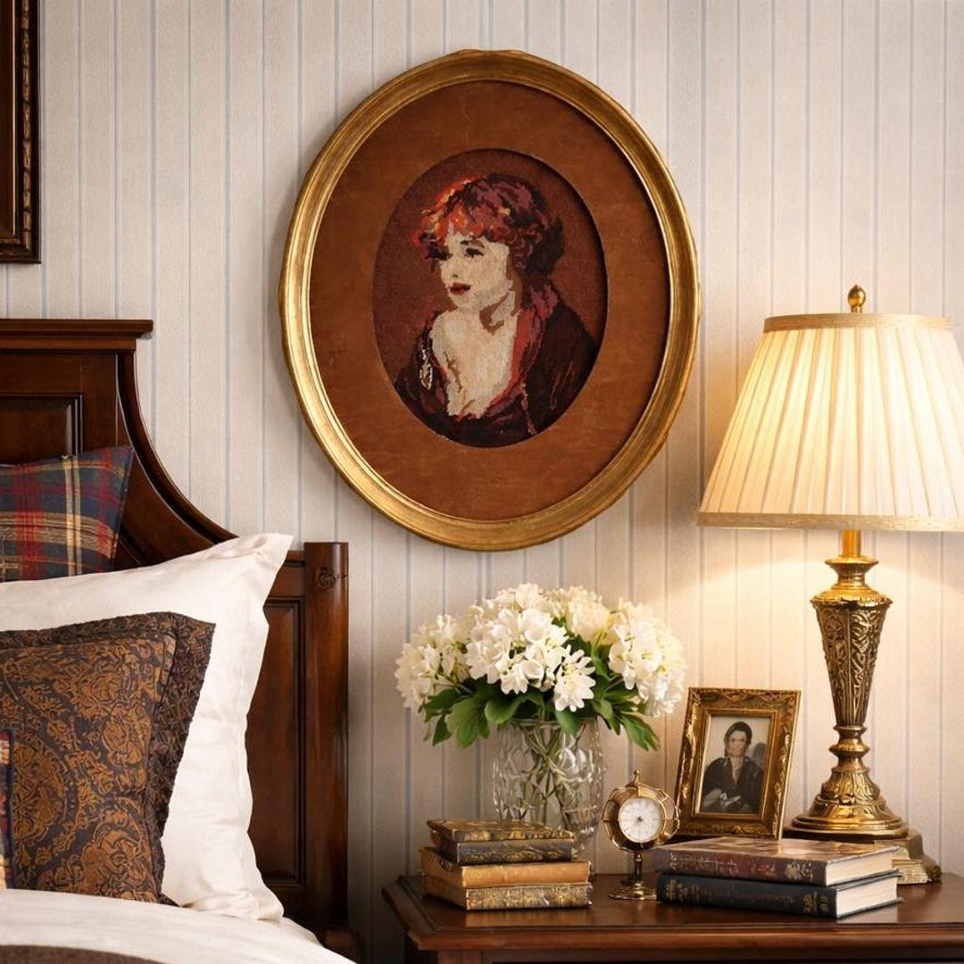 Vintage Framed Needlepoint Portrait Oval Gold Frame Wall Art Old World ...