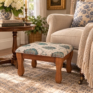 Vintage Floral Tapestry Footstool: Wood Cottage Accent Stool