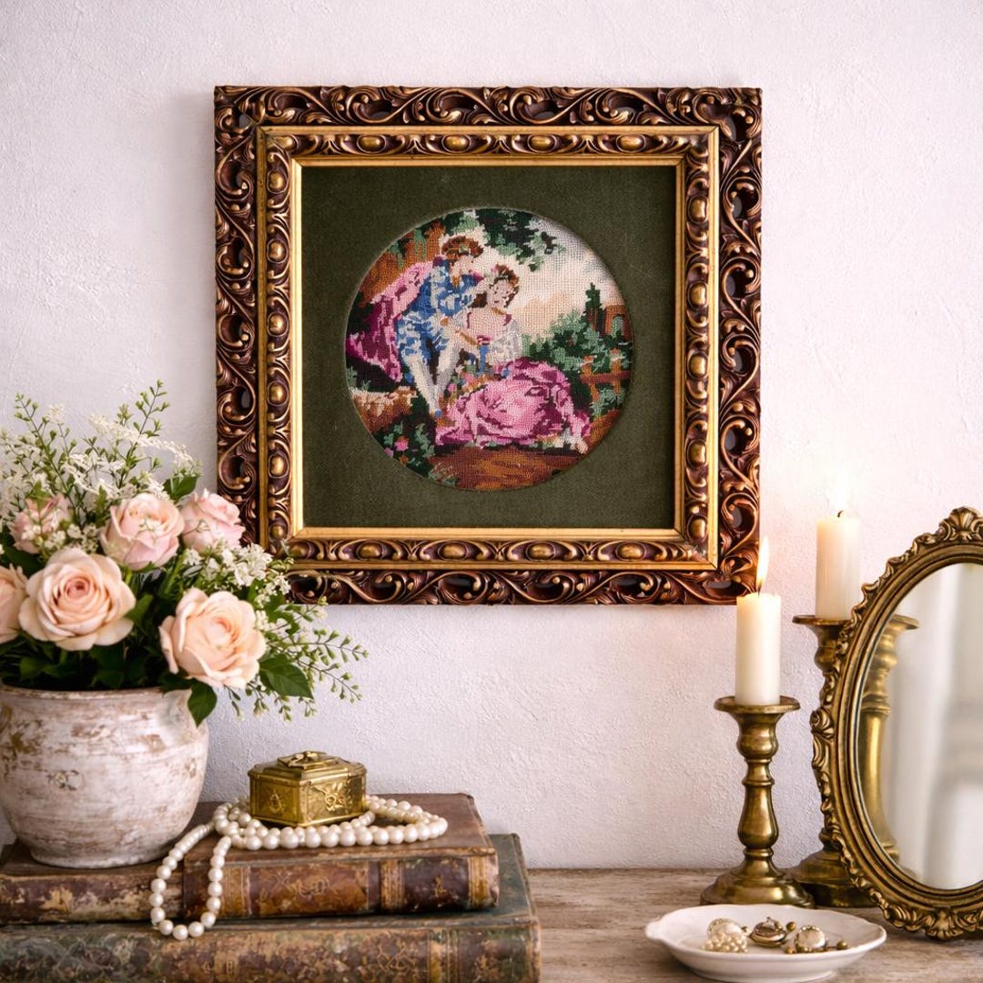 Vintage Needlepoint Framed Art Ornate Gold Frame Romantic Old World ...