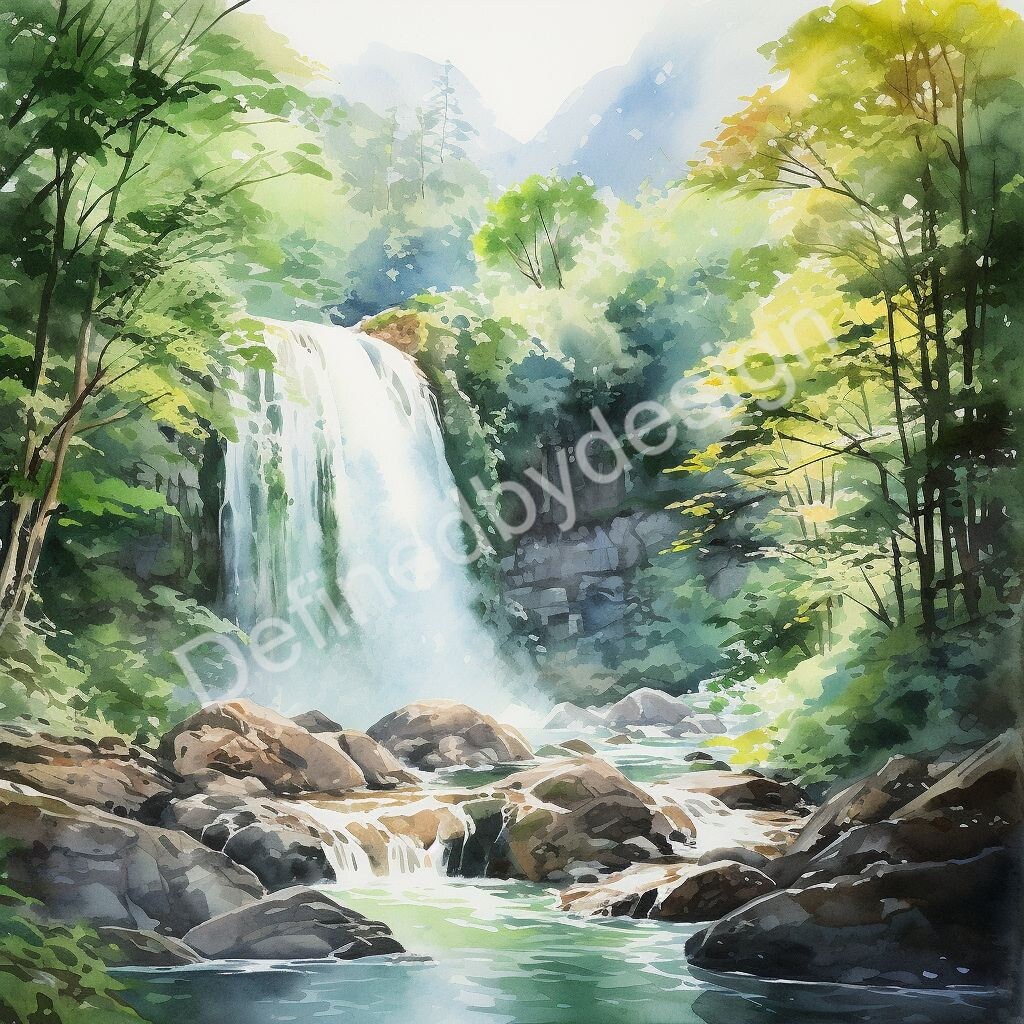 10 Watercolor Paintings of a Waterfall Flowing on Rocks 10 Abstract and ...