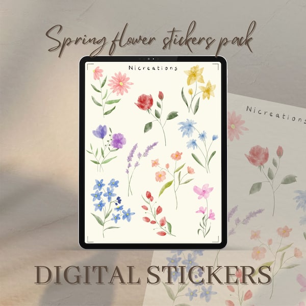 Spring flower digital stickers | handmade flower stickers for goodnotes, NPG files for note-taking apps, digital stickers, digital download