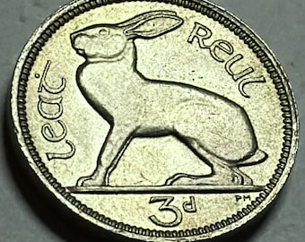 1961 Ireland 3 Pence (3 Pingine-1/2 Reul) Coin -59 Yr Old Irish Coin - About the Size of a Dime.