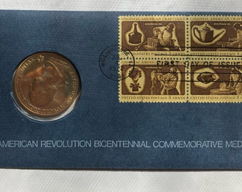 Medalla/moneda del bicentenario de la Revolución Americana de George Washington de 1972 con sobre de primer día, sellos y todos los insertos de la Casa de la Moneda de EE. UU.
