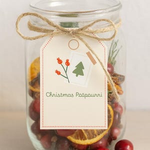 May include: A clear glass jar filled with Christmas potpourri, including dried orange slices, red berries, and sprigs of rosemary. A tag with a tree and berry illustration is tied with twine.