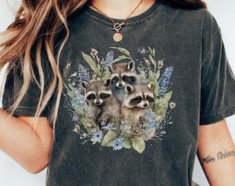 Raccoons T Shirt, Cute Raccoon T-Shirt, Raccoon Mom Shirt, Gifts for Her, Cottagecore Raccoon Tee, Raccoon with Flowers Shirt, Comfort Color