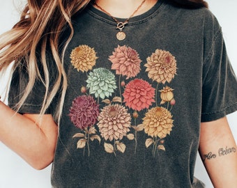 Vintage Dahlias Shirt, Dahlia Gift, Flowers Shirt, Cottagecore Flower Tee, T-Shirt Flower, Nature Shirt, Dahlia T-Shirt, Dahlia Flowers