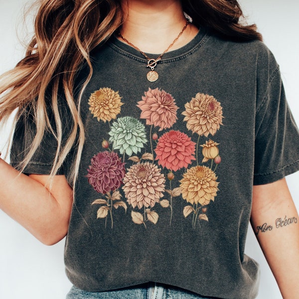 Vintage Dahlias Shirt, Dahlia Gift, Flowers Shirt, Cottagecore Flower Tee, T-Shirt Flower, Nature Shirt, Dahlia T-Shirt, Dahlia Flowers