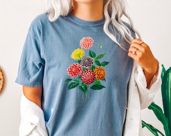 Dahlia T Shirt, Dahlias Comfort Colors® TShirt, Cottagecore Shirt, Dahlia Flowers Tee, Vintage Dahlias T-Shirt, Floral Fairycore Tshirt