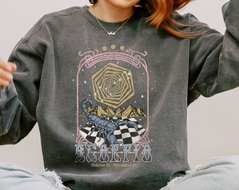 Scorpio Sign Sweater Vintage Zodiac Sweatshirt, Scorpio Celestial Crewneck, Astrology Zodiac Gift October November Comfort Colors Retro Boho