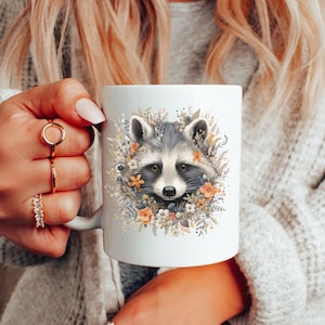 Raccoon Mug, Raccoon Gift for Raccoon Lovers, Raccoon with Flowers, Woodland Animal Coffee Cup, Cute Raccoon Themed Gift, 11oz or 15oz