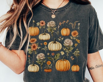 Vintage Blumen Kürbisse Shirt Retro Blumen Kürbisse T-Shirt Comfort Colors® Herbst Shirt Ideen, süßes Herbst Shirt, Halloween Shirt Ideen