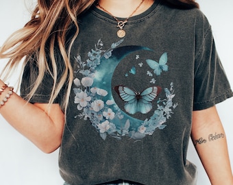 Celestial Flower Butterfly T Shirt Moon Graphic Tee Blue Butterfly Comfort Colors® Shirt Astrology Astronomy Tshirt Boho Vintage T-Shirt