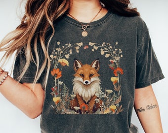 Fox Witchy Cottagecore Shirt, Goblincore Shirt, Whimsigoth T-Shirt, Floral Fox Fairycore Dark Academia Tee Green Witch, Woodland Animal Boho
