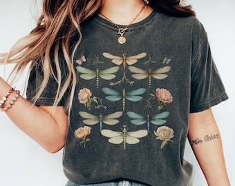 Vintage Dragonflies T Shirt, Cottagecore Shirt, Whimsigoth T-Shirt, Insect Lover Fairycore Dark Academia Tee Green Witch, Nature Lover