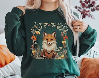 Moletom Fox Witchy Cottagecore, camisa Goblincore, gola redonda Whimsigoth, floral Fairycore Dark Academia Green Witch, Woodland Animal Boho