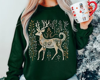 Moletom de arte popular de rena vintage, camisa de veado de Natal, gola redonda de Natal Cottagecore vintage, camisa de suor de veado, moda de férias