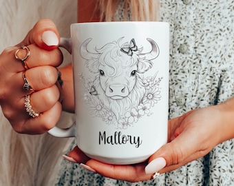 Niedliche Highland Kuh Becher Personalisierte Highland Kuh Becher für Kuh-Liebhaber Geburtstagsgeschenke für Frauen Spülmaschinenfest Keramik-Kaffeetasse 11 Unzen oder 15 Unzen
